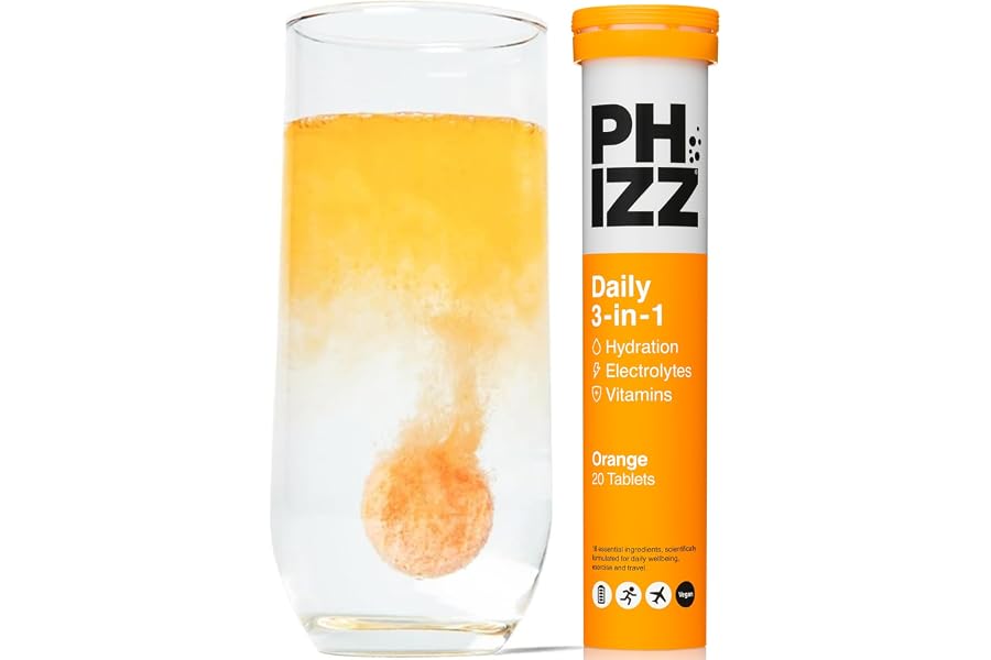 Phizz Electrolytes Tablets, Daily Hydration and Multivitamin, 20 Servings | Orange Flavour, Effervescent Rehydration Tablets,