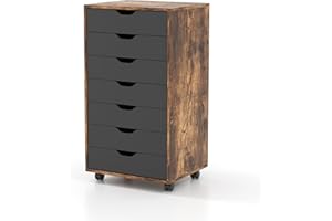 COSTWAY Mobile File Cabinet, 5/7 Drawers Lateral Stationery Storage Organiser Chest with Wheels, Home Office Printer Stand Side Filing Cupboard (Rustic Brown + Black, 7 Drawers)