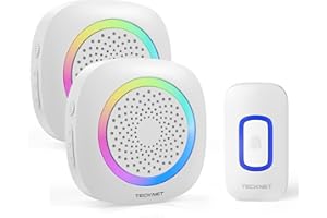 TECKNET Sonnette sans Fil à Piles Exterieur Étanche IP66 RVB Batterie Amovible Portée 400M Two Récepteur, 60 Mélodies et 5 Niveaux, pour Maison, Hôtel, Bureaux, Urgence