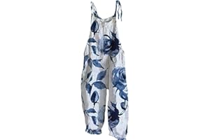 EMUKFD Salopette da donna UK gamba larga Boho stampa tuta floreale vestibilità ampia tutina cotone lino estate spiaggia senza maniche tutine salopette salopette tuta traspirante ampia casual vacanza