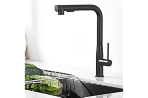 Auralum Grifo Cocina Negro, Grifo Cocina Extraíble, Grifo Fregadero de Alta Presión con Rociador de Dos Tipos de Chorro de Agua, Giratorio 360°, Grifo Mezclador Cocina Negro
