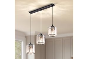 Warmiehomy Modern Crystal Chandelier 3 Lights, Hanging Lights Adjustable Height, E27 Pendant Ceiling Light for Kitchen Island, Living Room, Bedroom, Hallway,Round,L50*W15*H120cm(Black)