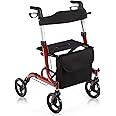 COSTWAY Folding Rollator, Wheeled Mobility Walker with Seat, Dual Brake System, Height Adjustable Handle, Cane Holder and Storage Bag, Lightweight Walking Aid for Elderly Handicapped (Red)