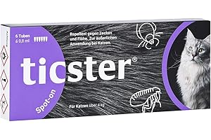 TICSTER Spot-on für Katzen zwischen 4-8 kg, Floh und Zeckenmittel, Inhalt: 6X 0,8ml, Schutzdauer: bis zu 24 Wochen (Lösung zum Auftropfen, effektives Flohmittel, natürlicher Wirkstoff)