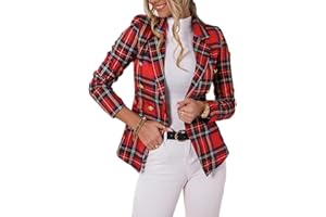 DAIHAN Chaqueta de Slim Fit 3/4 Mangas para Mujer Chaqueta de Traje a Cuadros de Negocios Oficina Chaqueta Tipo Cárdigan Business Casual Blazer Coat