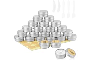 BELICOO Aluminiowe słoiki blaszane, 20 ml, pojemniki na kosmetyki z zakręcanymi pokrywkami, etykietami i mini szpatułką do kremu, świec, próbek, pudru, przechowywania makijażu (srebrne)