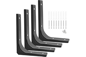 Xpieoyrm 4 Piezas 200 x 150 mm Escuadras para Estanterias Negra, 8 pulgadas Soporte Estanteria Pared de Metal, Resistente Estantes Soporte de 90 Grados con Tornillos, para Cocina Libros Estante