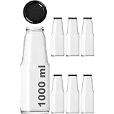 1000 ml Şeffaf Meyve Suyu Şişesi, Meşrubat, Limonata Şişesi Metal Kapaklı 1000 Cc Boş Cam Şişe (6, Siyah Kapak, 1000, Mililit