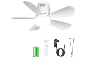 Gliztech Ventilador Techo Exterior 50CM, 20000mAh Ventilador Techo Luz con Batería Blanco, Recargable y Extraíble con Gancho y Mando a Distancia para Cenador, Terraza, Tienda de Campaña, Sombrilla
