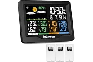 Kalawen Station météo avec 3 capteurs extérieurs, réveil numérique sans fil DCF, baromètre, moniteur de température et d'humidité, prévisions météorologiques pour la maison et le jardin