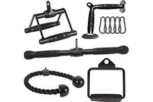 DYNASQUARE Cable Attachments for Home Gym, LAT Pulldown Equipment, Weight Machine Accessories, Straight Pull Down Bar, V Bar, Tricep Rope, Revolving Row Handle, Stirrup Handle