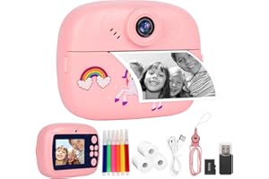 CIENXUAN Kids Camera Instant Print, 1080P HD Digital Camera for Girls with 32GB SD Card, Instant Printer for Kids with Color Pens & 3 Rolls Print Paper (Pink)