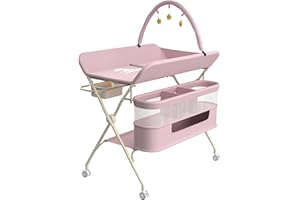 HUOLE Table à Langer, Pliable, Réglable en Hauteur, Jusqu'à 15 kg, 0-36 Mois, Organiseur de Couches, 5 Niveaux réglables, Panier de Rangement à Suspendre pour Nouveau-né, 75 * 68 * 83-91cm (B) Rose