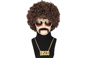 Topcosplay 4er Set Afro Perücke Herren Mit Sonnenbrille, Schnurrbart, Halskette - 70 80er Jahre Vokuhila Disco Hippie Perücke für Halloween Karneval Kostüm (Dunkelbraun)