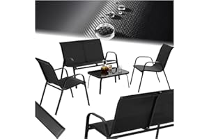TecTake® set salotto da giardino 4 pezzi, set giardino esterno con 2 poltrone, 1 divano 2 posti, tavolino, piano in vetro, textilene traspirante e idrorepellente, struttura in acciaio - Nero