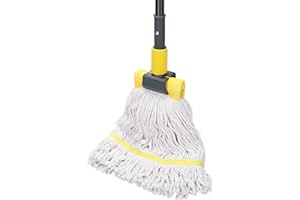 KEFANTA Balai à Franges Industriel Robuste avec Manche de 146 cm de Long et Pince à mâchoire, Corde bouclée en Coton Humide pour Nettoyage du Sol, Maison, Bureau, Garage et Sol en béton/carrelage