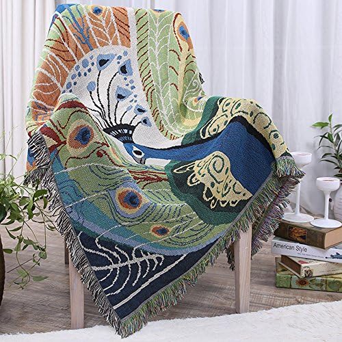 Chenille Jacquard Tassels Throw Blanket Sofa Chair Cover Peacock By Dopromal