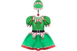 dPois Enfant Fille Lutin Robe Noël Déguisement Elfe Costume Carnaval Cosplay Elf Chapeau Tenue Jeu de Rôle Tutu Robe Danse Classique Robe Princesse 1-16 Ans