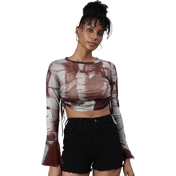 Women´s Sexy See Through Y2K Mesh Crop Top Flared Long Sleeve Tops