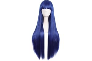 MapofBeauty 32" 80cm Long Straight Anime Costume Cosplay Wig Party Wig (Dark Blue/Black)