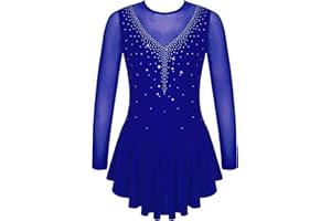 Alvivi Eiskunstlauf Kleid Mädchen Rollschuhkleid Langarm Ballettkleid mit Strass Ballettanzug Wettbewerb Tanzkleid Gymnastik Turnanzug