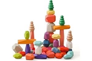 Promise Babe Giocattoli Impilabili in Legno - Pietre di Bilanciamento Waldorf Natura Blocchi di Costruzione Arcobaleno - Montessori (48 Pezzi Set)