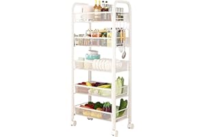 Creperture Estantería para Verduras para Cocina, 5 Niveles Carrito de Cocina, Cesta de Frutas, Estante de Metal con Ruedas y 4 Ganchos para Cocina, Baño, Dormitorio, Oficina, Blanco