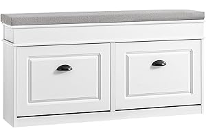 SoBuy Banco Zapatero con Asiento y Almacenaje - Puff Organizador 2 Solapas Estrecho para Zapatero Entrada Recibidor, Recibidores Entrada Dormitorio 104x24x54cm Efecto Madera Envejecida Blanca FSR64-WG