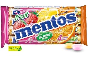 Mentos - Pack de 4 Rouleaux Fruits - Bonbons Mentos Tendres et Croquants, 3 Goûts Assortis - Fraise, Orange, Citron - Rouleaux Classiques à Partager - Lot de 1