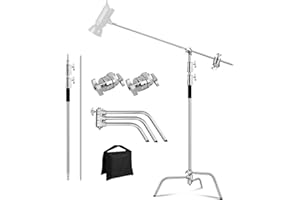 MSKIRA Stainless Steel C Stand with Boom Arm Max Height 10.8ft/330cm, Heavy Duty Photography Light Stand with 4.2ft/128cm Holding Arm 2 Grip Head Sand Bag for Photo Studio Video Softboxes