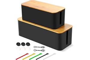 BEZORR Cable tidy box, Set of 2 cable management box for Cable and Cord Management, Cable organisers with Bamboo Lid for Hiding Messy Cables Wire Management - Black
