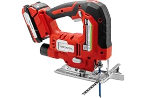 GREENCUT SRJ200L - Seghetto alternativo a batteria da 20V, 4 posizioni della lama, velocità e profondità di taglio regolabili fino a 65 mm, batteria al litio da 2,0 Ah e caricabatterie inclusi, rosso
