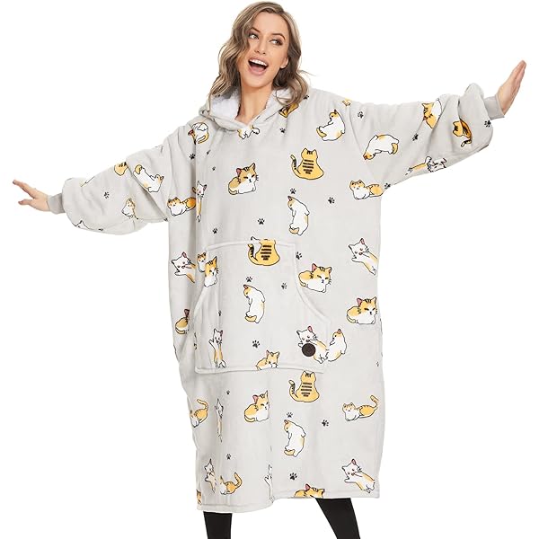 CMTOP Sweat à Capuche Femme Homme Couverture, Plaid Polaire à Manche Chaud Pull Hiver Plaid, Peignoir Longue Sweatshirt Doux Pullover Hoodie à Capuche Avec Grande Poche Gris Argenté