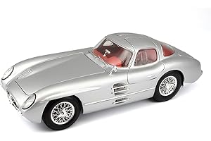 Maisto Mercedes 300SLR Coupé model samochodu z amortyzacją, skala 1:18, drzwi i maska ruchoma, gotowy model, kierownica, 24 cm, srebrny (536898)
