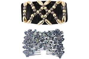 Careor - Lot de 2 peignes magiques pour femme - Doré + noir à perles - Extensible - Double face - Accessoires pour cheveux