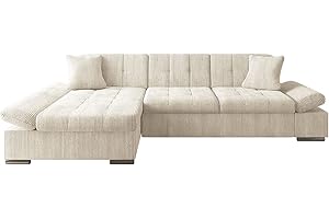 MIRJAN24 Divano angolare Malwi con braccioli regolabili, divano a forma di L con funzione sleep e cassetta, design divano ad angolo, paesaggio residenziale, divano (Poso 100, laterale: sinistra)