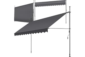 tectake Garden Patio Retractable Awning, Manual with Hand crank, Sun shade Canopy with UV and Rain Resistance, Clamp System with No Drilling Required - black/grey