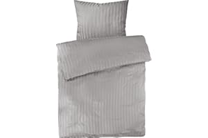 ‎PURE LABEL Pure Label Damask Mako Satin Bed Linen Set, Striped, Light Grey, 135 x 200 cm Duvet Cover and 80 x 80 cm Pillowcase, 100% Cotton, Incredibly Soft, Plain