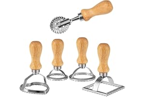 Sequpr Coupeur de Ravioli, Emporte Piece Ravioli Carré/Rond/Cœur, Coupe Ravioli et Roulette à Pâte avec Manche en Bois pour Faire des Raviolis Découper la Pâte