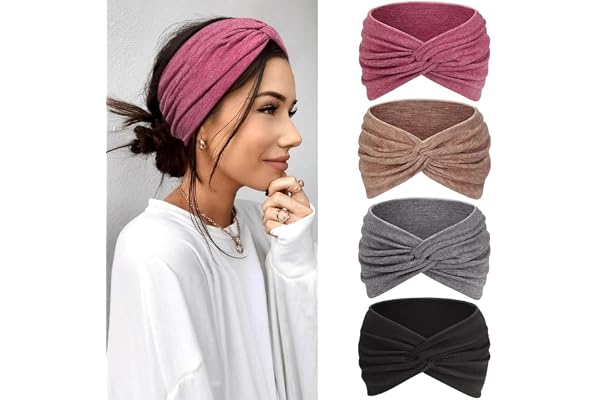 Kavya Pannband för Kvinnor, 4-Pack, Brett Elastiskt Boho Knuttat Hårband, Vintage Tie Dye Mönster, Sport Yoga Smink Spa Mode (Rosa, brun, grå