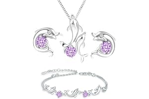 baobei Kaguyo Parure de bijoux pour femme – Collier en argent sterling avec améthyste dauphin avec bracelets et boucles d'oreilles à tige – Bijoux d'amitié pour femmes et filles cadeaux d'anniversaire