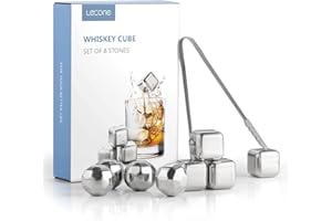 Lecone 8 Pezzi Cubetti di ghiaccio in acciaio inox, Pietre di Whisky + Clip, Grado alimentare Cubetti di ghiaccio riutilizzabili, Per whisky, vino, succo di frutta o limonata
