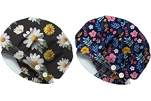 DELORIGIN 2PCS Daisies Wildflowers Scrub Caps with 4 Buttons Cotton Nurse Cap Elastic Surgical Hats with Sweatband Chef Bouffant Scrub Cap for Women Men Vet Nurse Cleaning Head Cover One Size Fits All