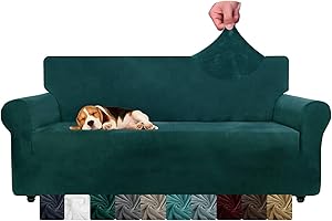 CHELZEN Velvet Couch Covers 3 Seater Thick Stretch Sofa Covers for Dogs Pets Non-Slip Sofa Slipcover Washable Furniture Protector for Living Room (3 Seater, Blackish Green)
