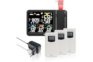 KETOTEK Radio despertador digital con proyección, estación meteorológica inalámbrica, termómetro interior y exterior, higrómetro, monitor de temperatura y humedad, previsión meteorológica con 3