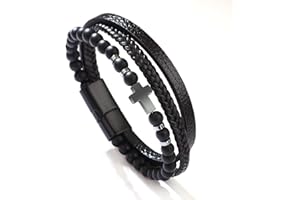 Kryzalite® Krzyż obsydianowy, prezent na chrzest, wisiorek z kamieni zapachowych, bransoletka męska, stal nierdzewna, prawdziwa skóra, prezent dla mężczyzn