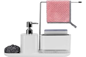 Dadabig 5 en 1 Distributeur Liquide Vaisselle Cuisine Organisateur d'évier de Cuisine Blanc Porte-éponge de Qualité Distributeur Savon Liquide Mains Porte Chiffon 500ml