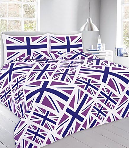 Modern Union Jack Printed Reversible Duvet Cover Sets Bedding Pillow Cases Single, Double, King, Super King (Super King, Union Jack- Purple)