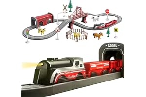 BASAMOU Tren Electrico Juguete Niños 3 4 5 6 7 8 Años con Luces, Rojo Tren Juguete con Animales, Vallas, Señales de Tráfico, Flexibles Pista Coches Niños Regalos Cumpleaños/Navidad (70PCS)