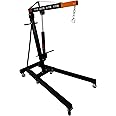Engine Crane 1 Tonne Ton 1000kg Hydraulic Pump Handle Folding Legs Hoist Lift Jack Stand Handle 6 Portable Heavy Duty Wheels Workshop Garage 4 JIB Positions Chain Hook Black Powder Coated Steel